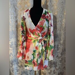 Floral Faux Wrap Dress Split Kimono Sleeve Medium